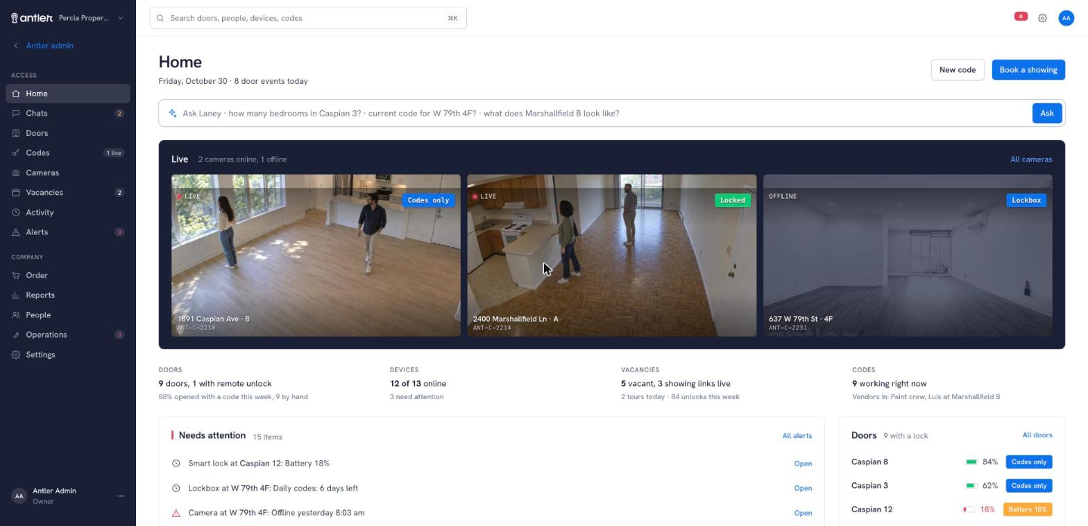Antler on a computer: live cameras across your doors, what needs attention, every door's lock